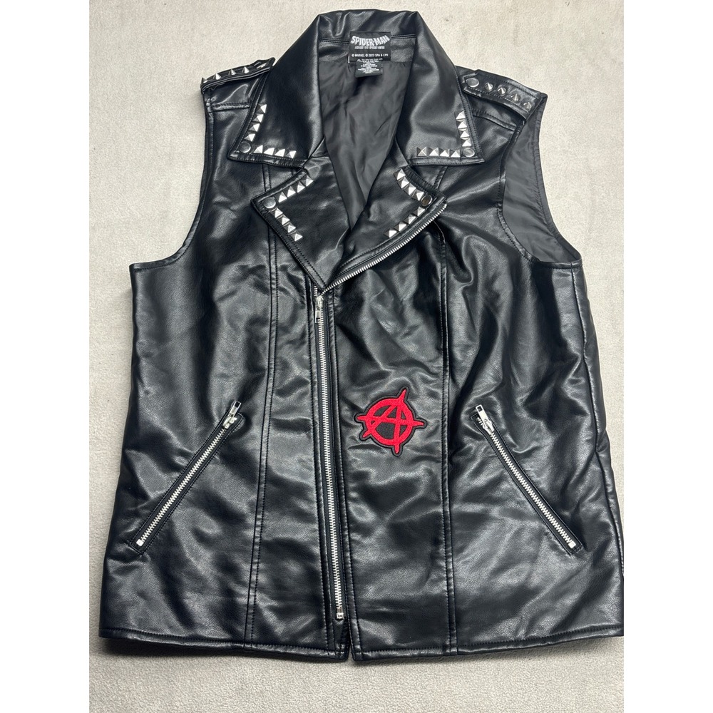 Marvel Our Universe Spider-Punk Studded Faux Leather Biker Vest Black Mens MD